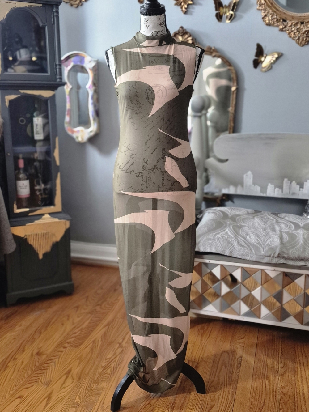 Sleeveless Grunge Army Fatigue Sheer Maxi Dress Large